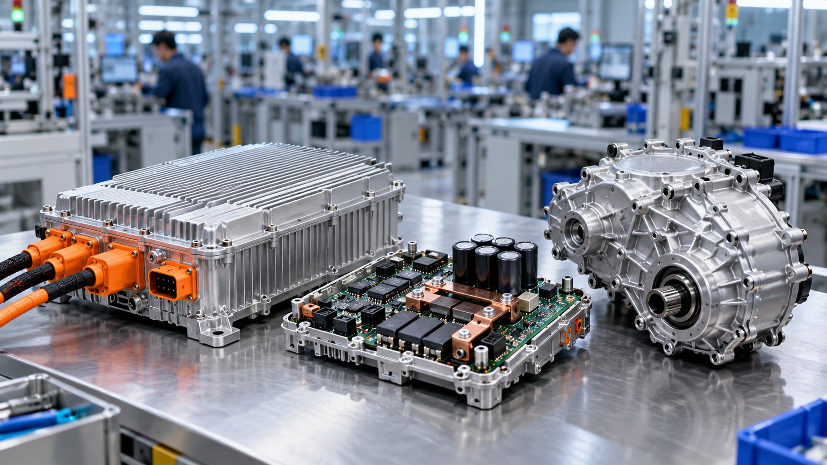 EV power inverter, circuit board, and drivetrain gearbox on a manufacturing inspection bench.