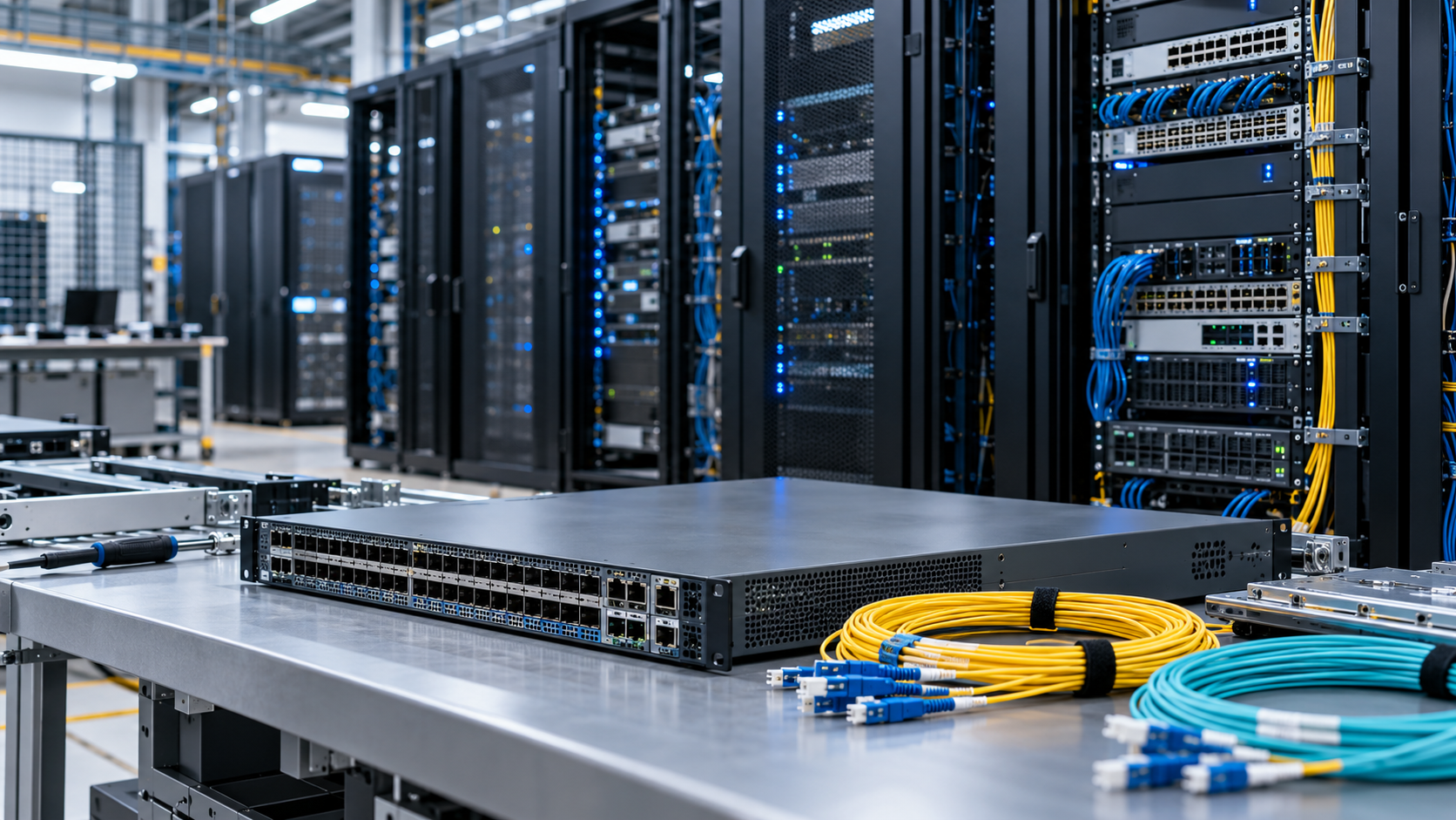 Network switch and fiber-optic cables on an inspection bench in front of data-center server racks.