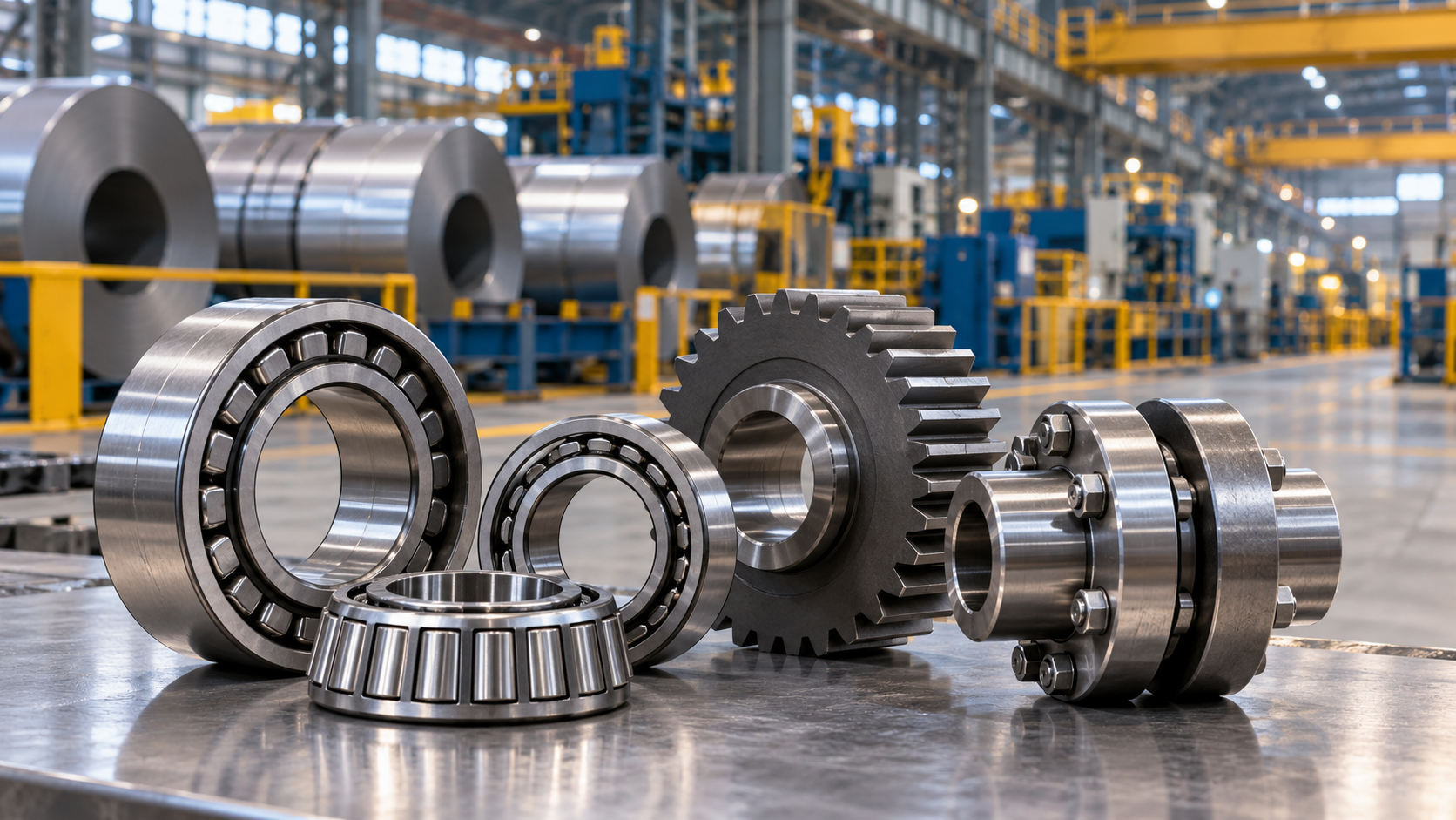 Industrial bearings, a gear, and a shaft coupling on an inspection bench in a steel manufacturing facility.